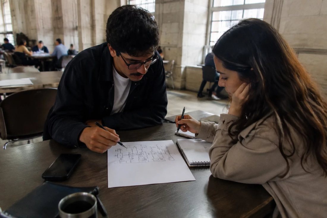 Duas pessoas diante de um quadro branco com um mapa de argumento desenhado à mão