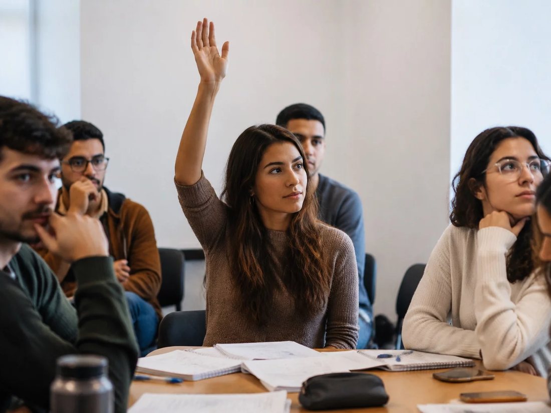 Participante levantando a mão em uma mesa de seminário coberta de anotações